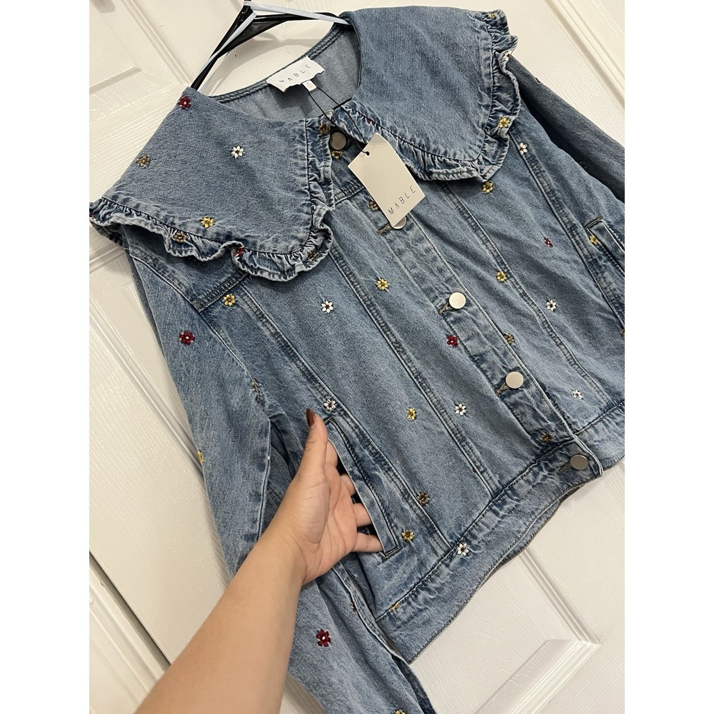 Cottagecore Denim Jacket Floral Embroidered Peter Pan Collar Coquette Fairycore - Picture 10 of 16